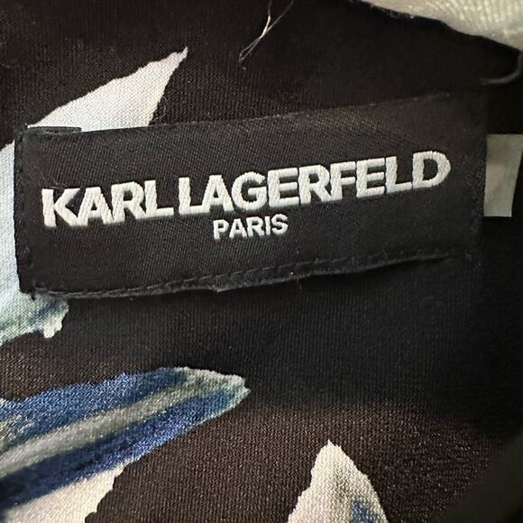 KARL LAGERFELD | Black White Blue Floral Bell Sleeve Blouse Top | Size Medium - Picture 5 of 7